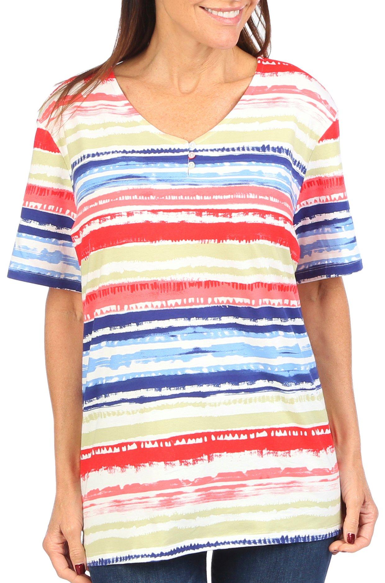 Coral Bay Womens Stripe Henley Short Sleeve Top