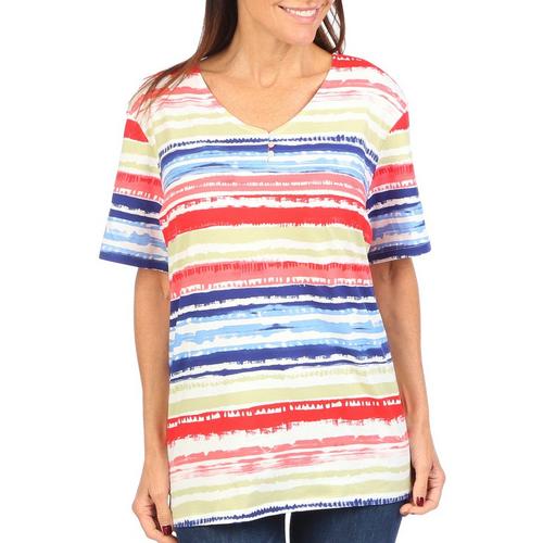 Coral Bay Womens Stripe Henley Short Sleeve Top