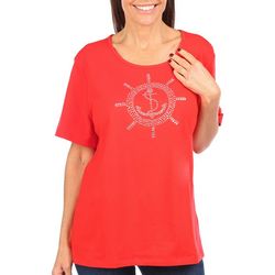 Coral Bay Womens Embellished Anchor & Wheel Short Sleeve Top
