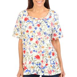 Coral Bay Womens Floral Double Keyhole Loop Short Sleeve Top