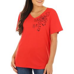Coral Bay Womens Floral Embellished Solid Short Sleeve Top