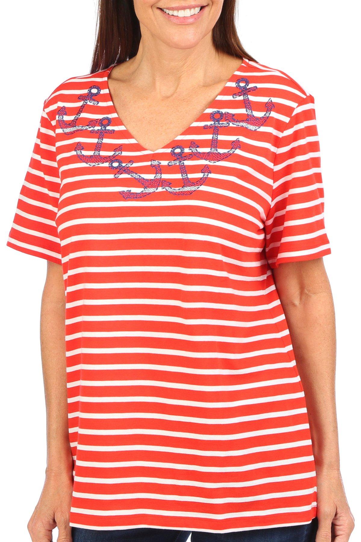 Coral Bay Womens Anchors Away Embellished Short Sleeve Tee