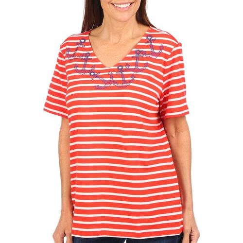 Coral Bay Womens Anchors Away Embellished Short Sleeve