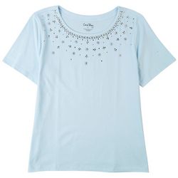 Coral Bay Womens Solid Embellished Short Sleeve Top