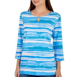 Womens Watercolor Striped 3/4 Sleeve Top