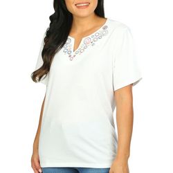 Coral Bay Womens Embroidered Notch Neckline Short Sleeve Tee
