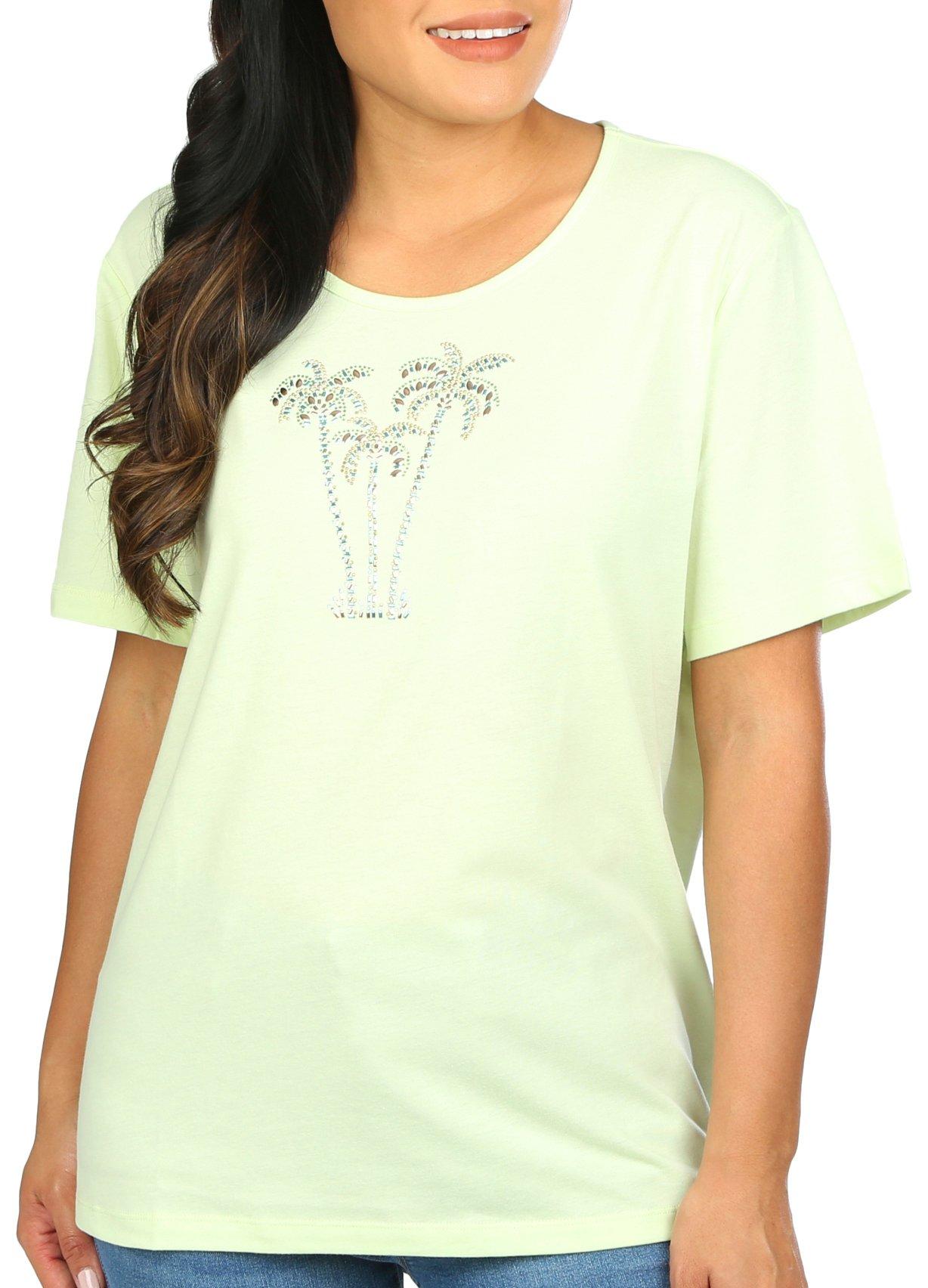 Coral Bay Womens Embellished Palm Tree Short Sleeve Top