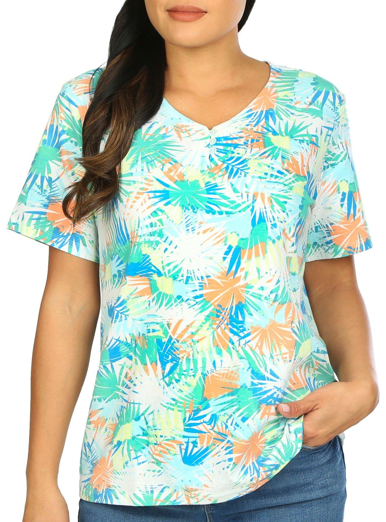 Coral Bay Womens Leaf Print Henley Short Sleeve Top