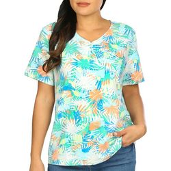Coral Bay Womens Leaf Print Henley Short Sleeve Top