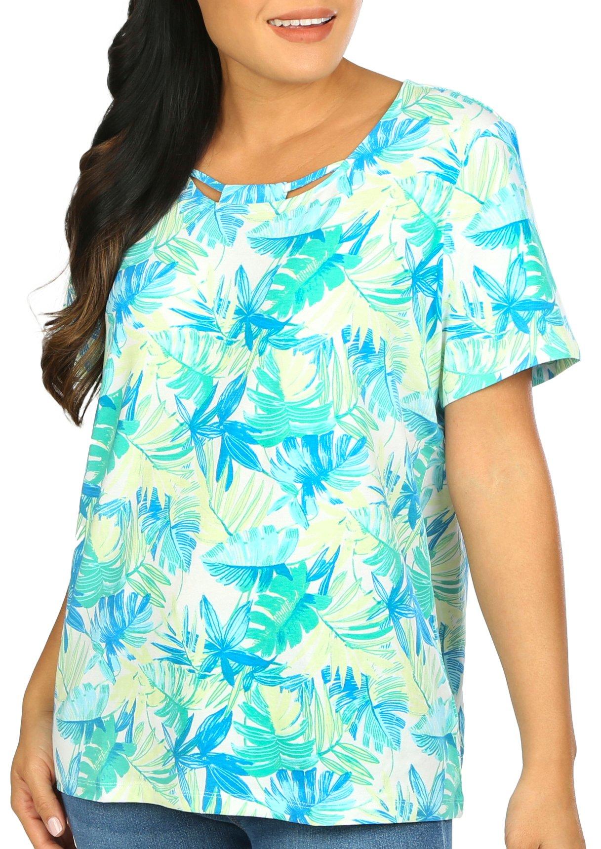 Coral Bay Womens Leaf Print Loop Neck Short Sleeve Top