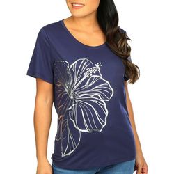 Coral Bay Womens Embellished Hibiscus Short Sleeve Top