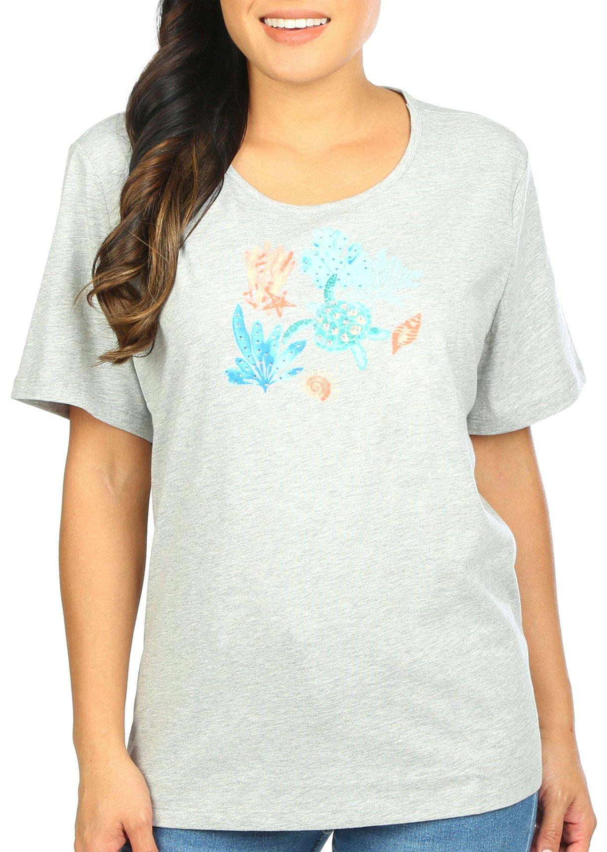 Coral Bay Womens Embellished Turtle Short Sleeve Top
