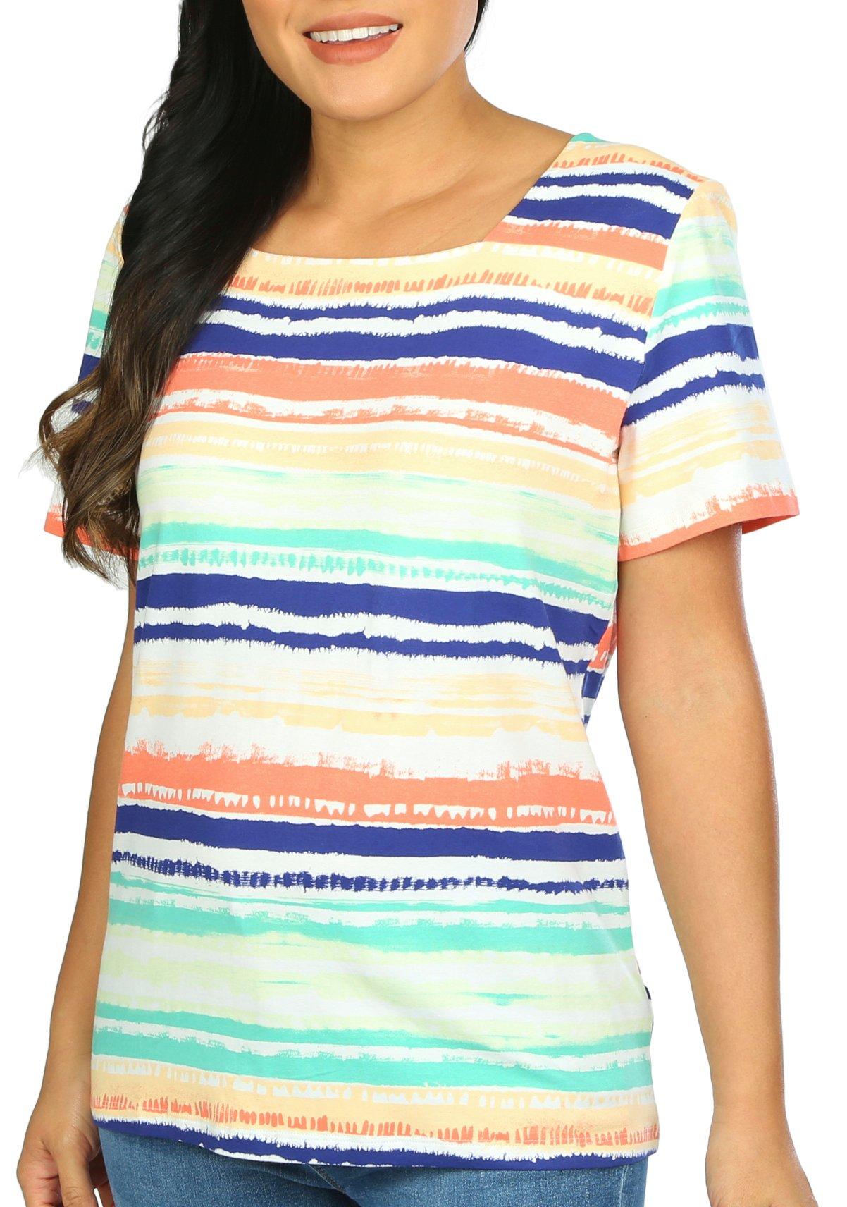 Coral Bay Womens Stripe Square Neck Short Sleeve