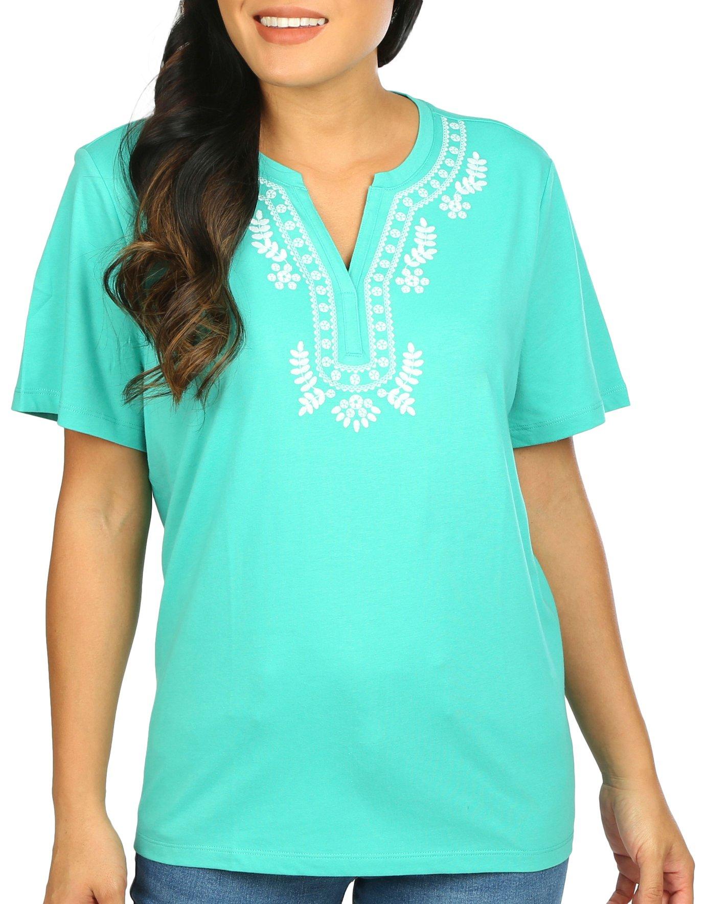 Coral Bay Womens Embroidery Notch Neckline Short Sleeve Tee