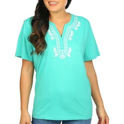 Coral Bay Womens Embroidery Notch Neckline Short Sleeve Tee