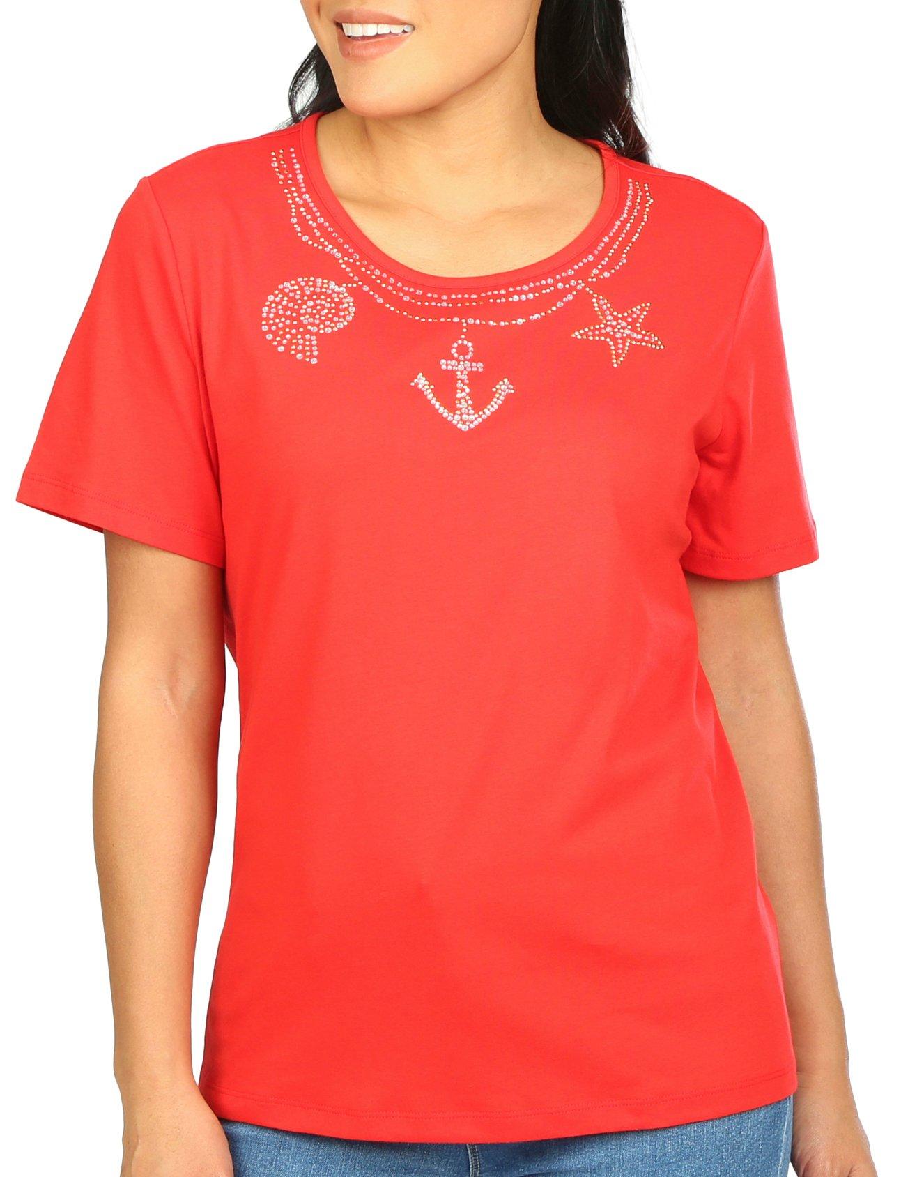 Coral Bay Womens Embellished Jeweled Shell Short Sleeve