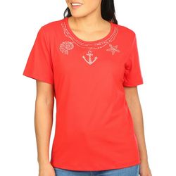 Coral Bay Womens Embellished Jeweled Shell Short Sleeve Top