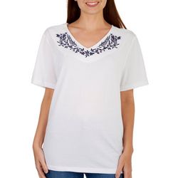 Coral Bay Womens Floral Emboidered Short Sleeve V-Neck Top