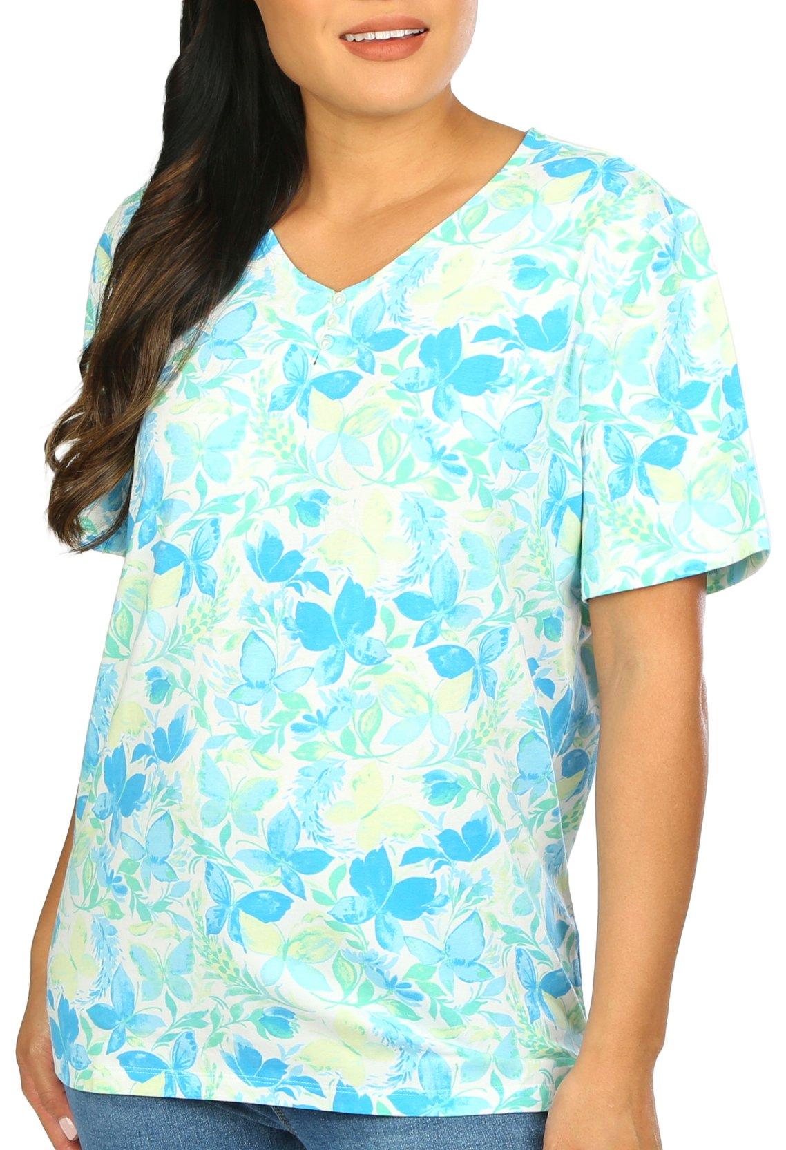 Coral Bay Womens Butterfly Print Henley Short Sleeve
