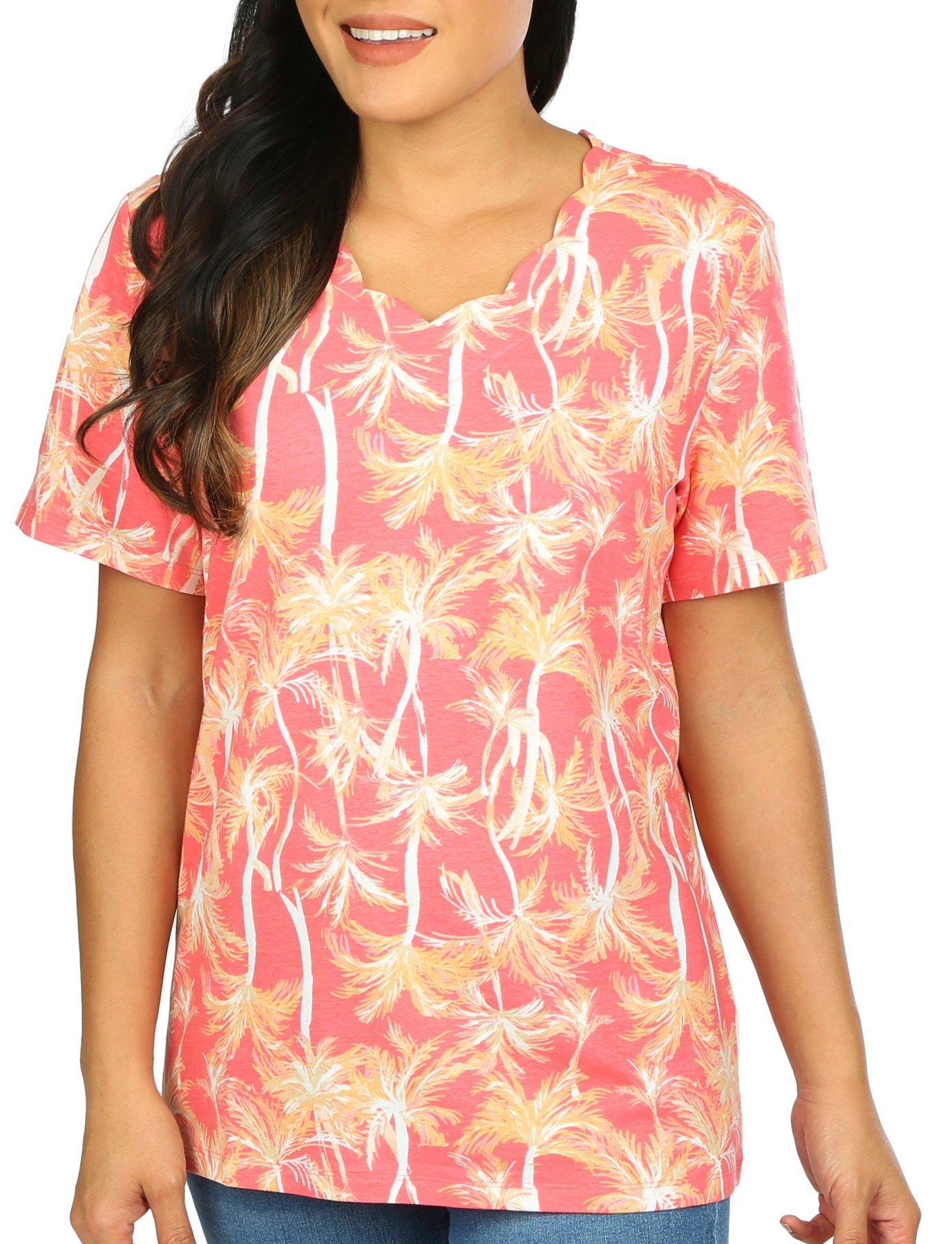 Coral Bay Womens Palm Print Scallop Neck Short Sleeve Top