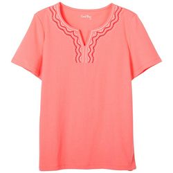 Coral Bay Womens Embroidered Neck Short Sleeve Top