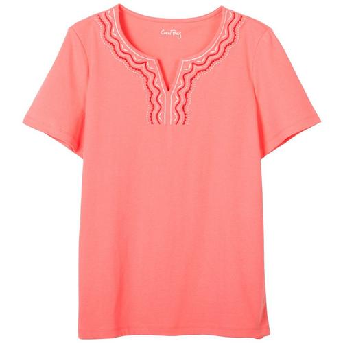 Coral Bay Womens Embroidered Neck Short Sleeve Top