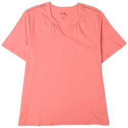 Coral Bay Womens Solid Split Neck Banded Short Sleeve Top