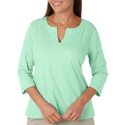 Coral Bay Womens Solid Notch Neck 3/4 Sleeve Top