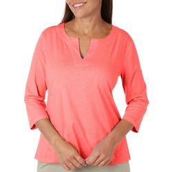 Coral Bay Womens Solid Notch Neck 3/4 Sleeve Top