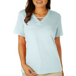 Coral Bay Womens Solid V-Bar Short Sleeve Top