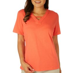 Coral Bay Womens Solid V-Bar Short Sleeve Top
