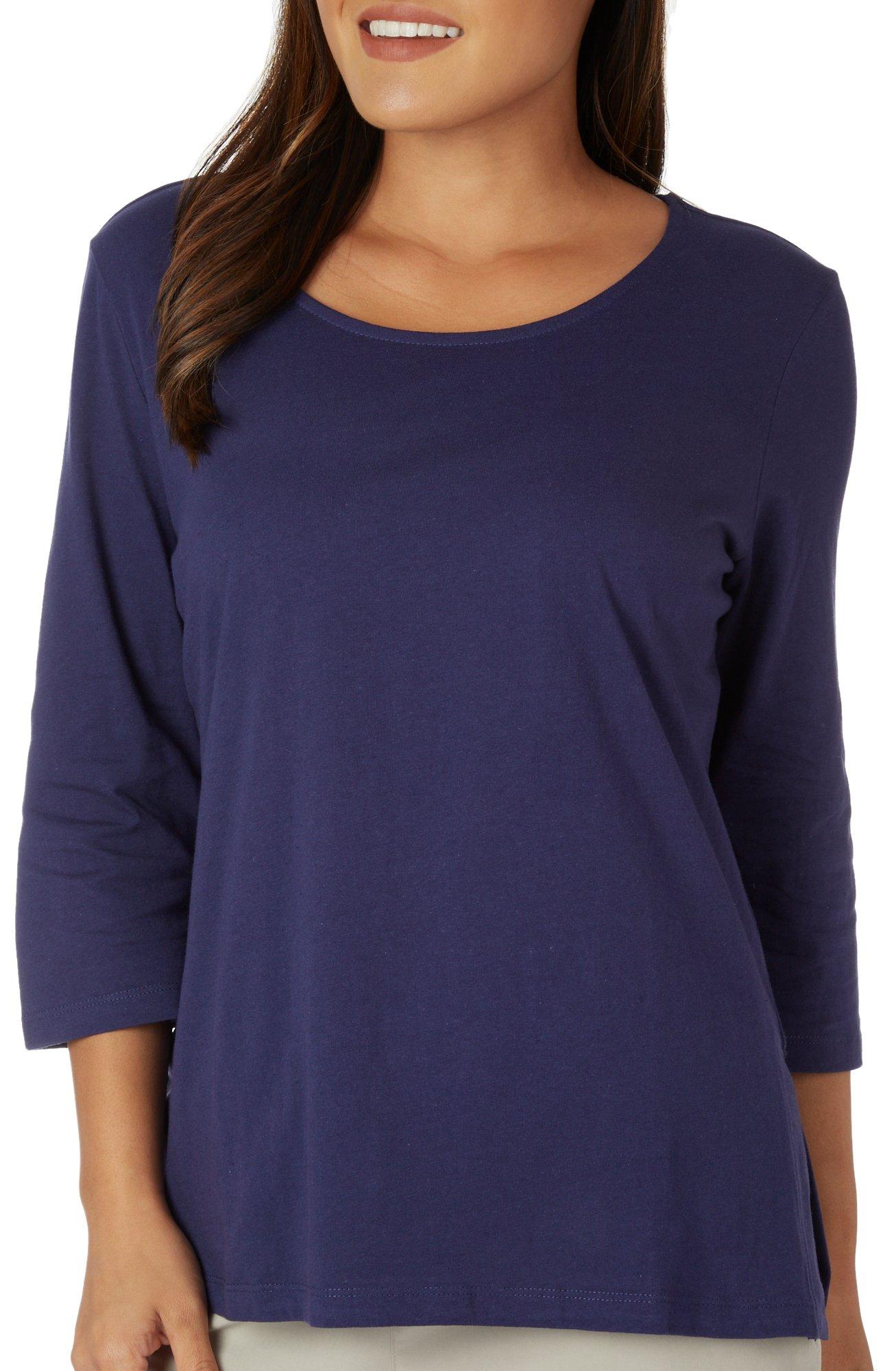 Coral Bay Womens Solid Crew Neck 3/4 Sleeve Top