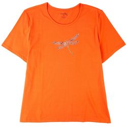 Coral Bay Womens Embellished Dragonfly Short Sleeve Top