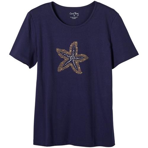 Coral Bay Womens Embroidered Starfish Short Sleeve Top