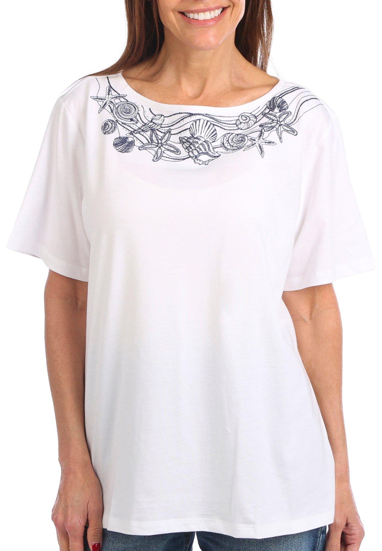 Coral Bay Womens Tropical Embellished Short Sleeve Tee