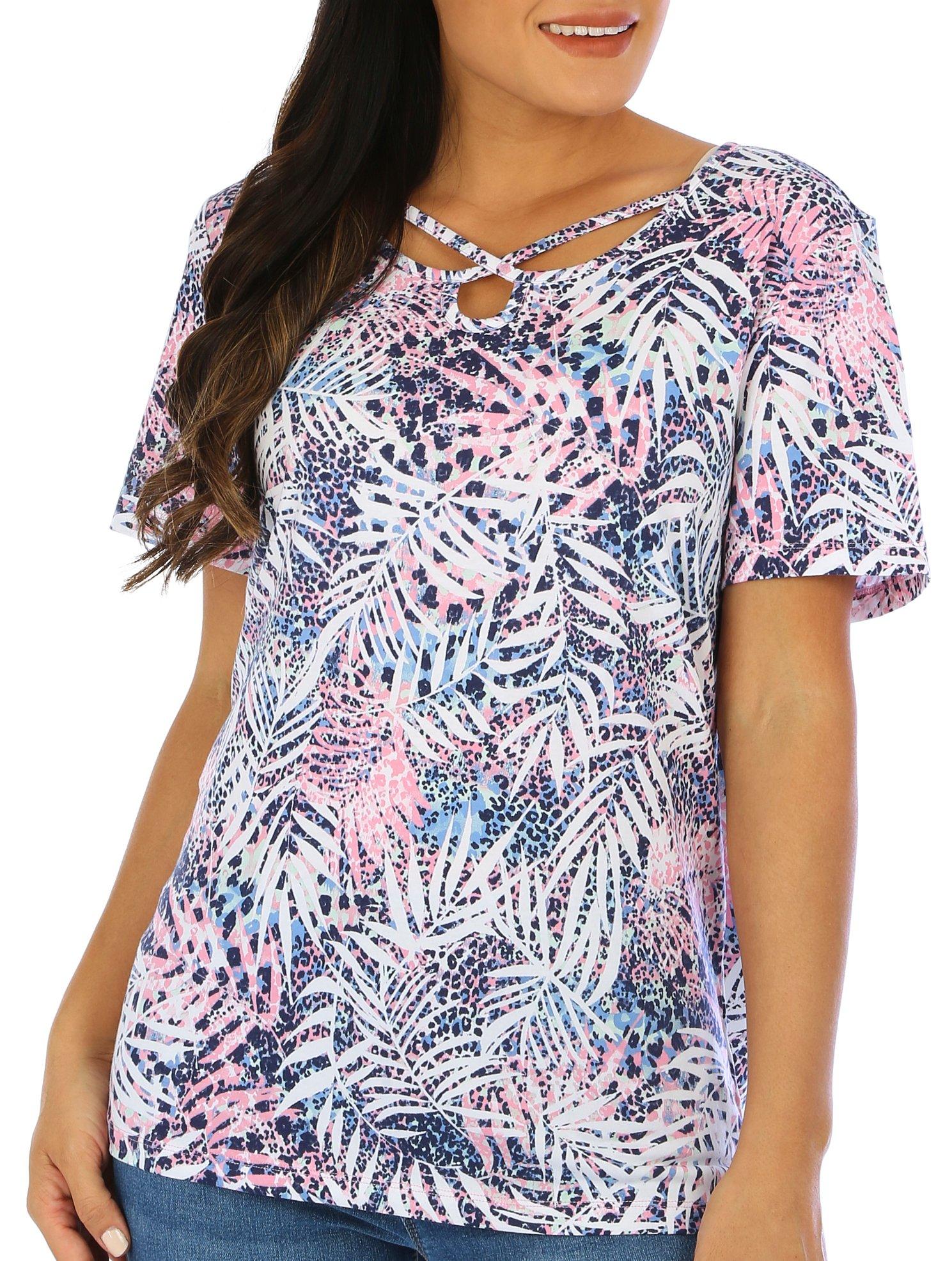 Coral Bay Womens Frond Print Crisscross Keyhole Top