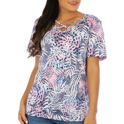 Coral Bay Womens Frond Print Crisscross Keyhole Top