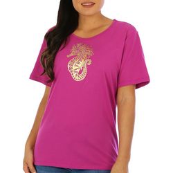 Coral Bay Womens Embellished Seahorse Short SleeveTop