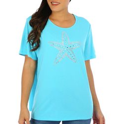 Womens Solid Jeweled Starfish Short Sleeve Top