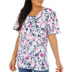 Womens Floral Scallop Neck Short Sleeve Top