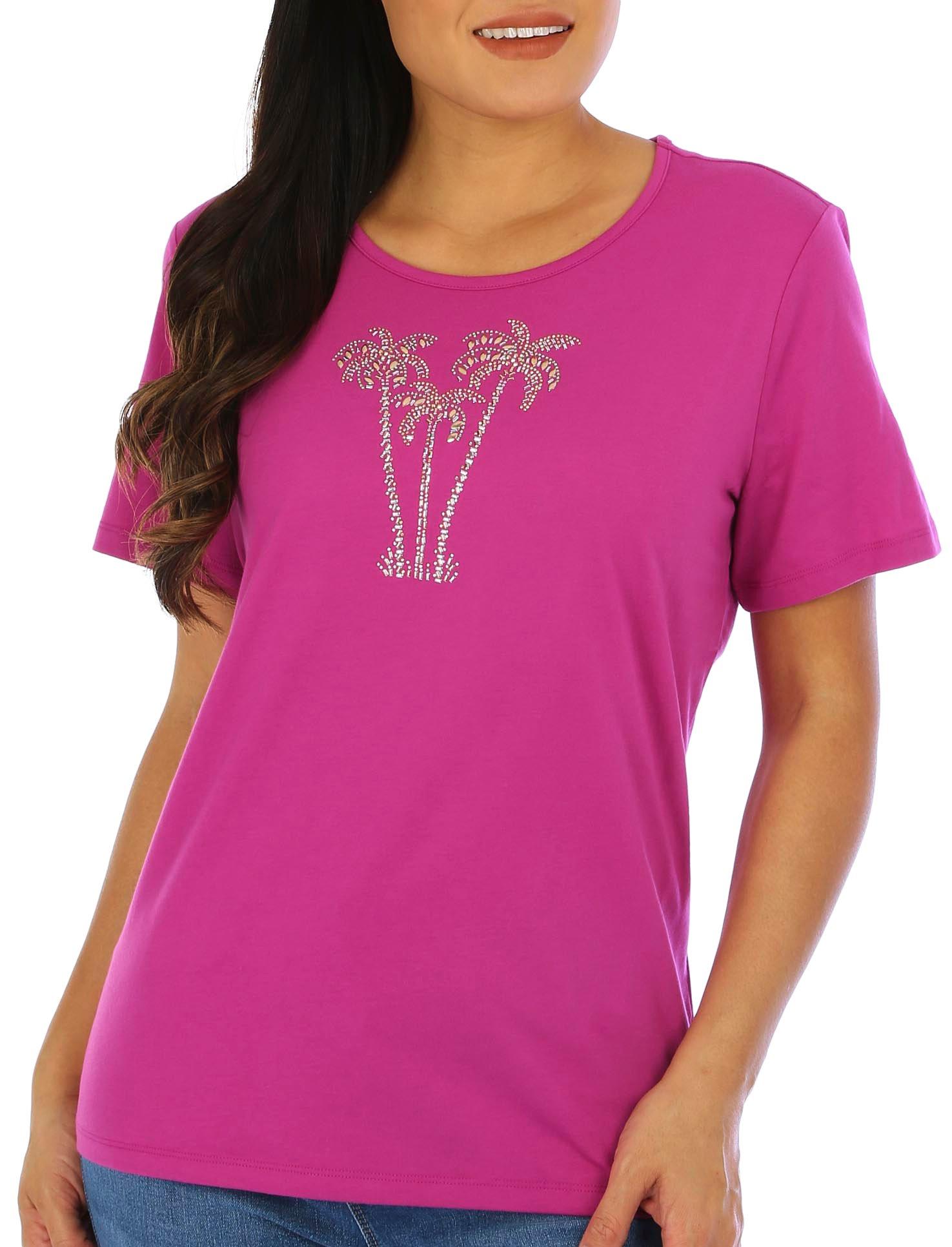 Coral Bay Womens Jeweled Palm Short Sleeve Top