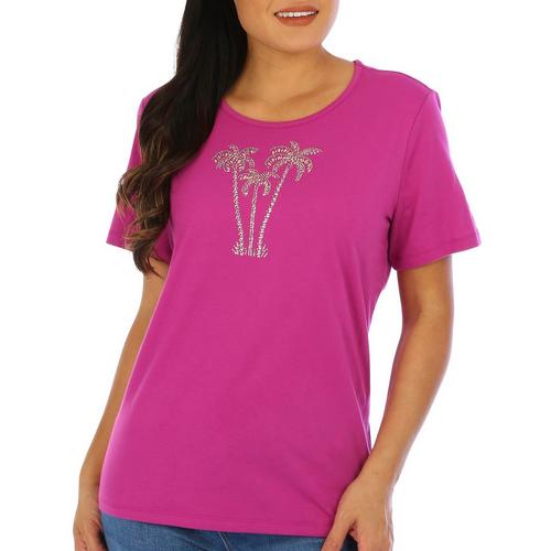 Coral Bay Womens Jeweled Palm Short Sleeve Top