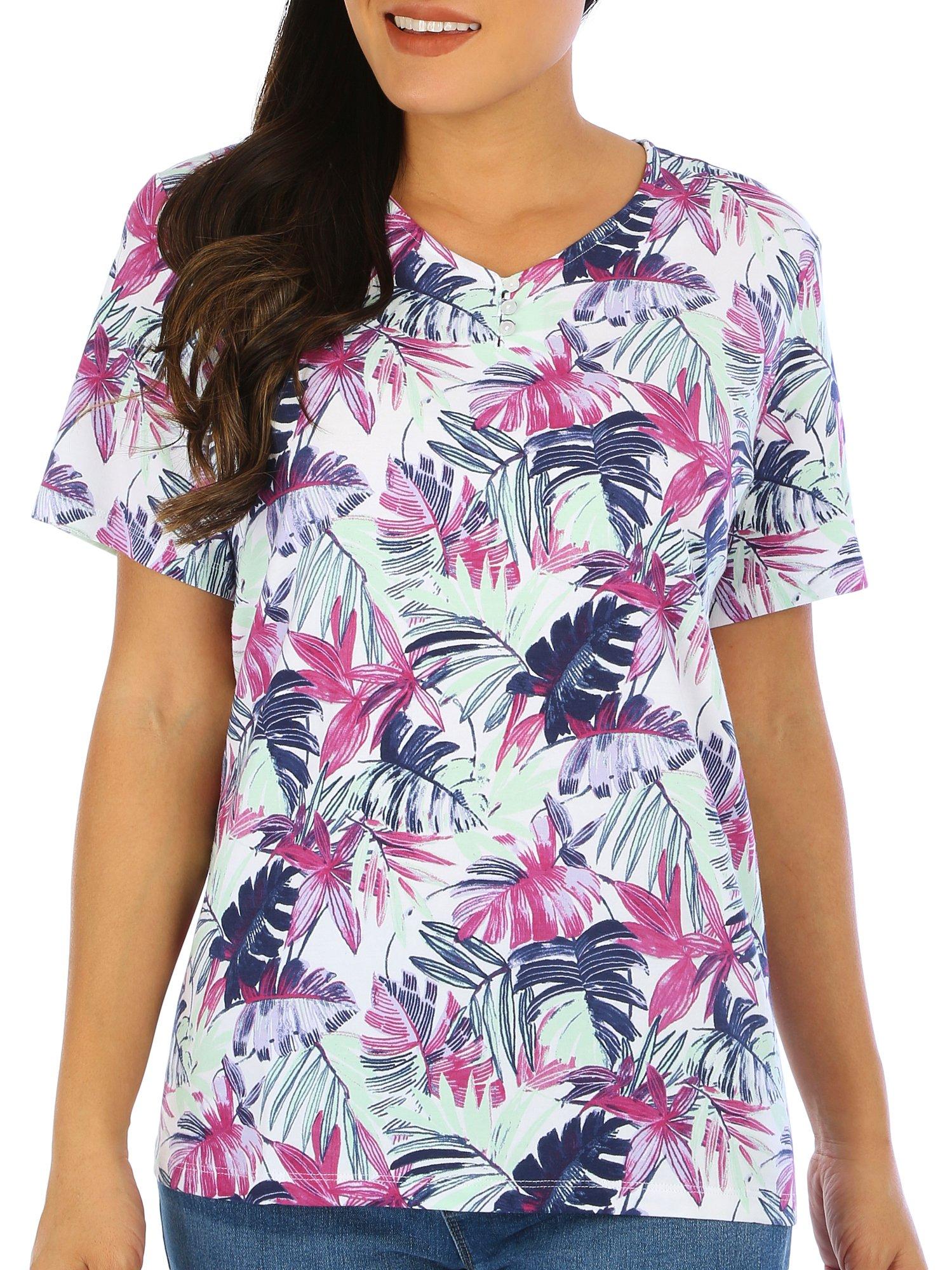 Coral Bay Womens Frond Print  Henley Short Sleeve Top