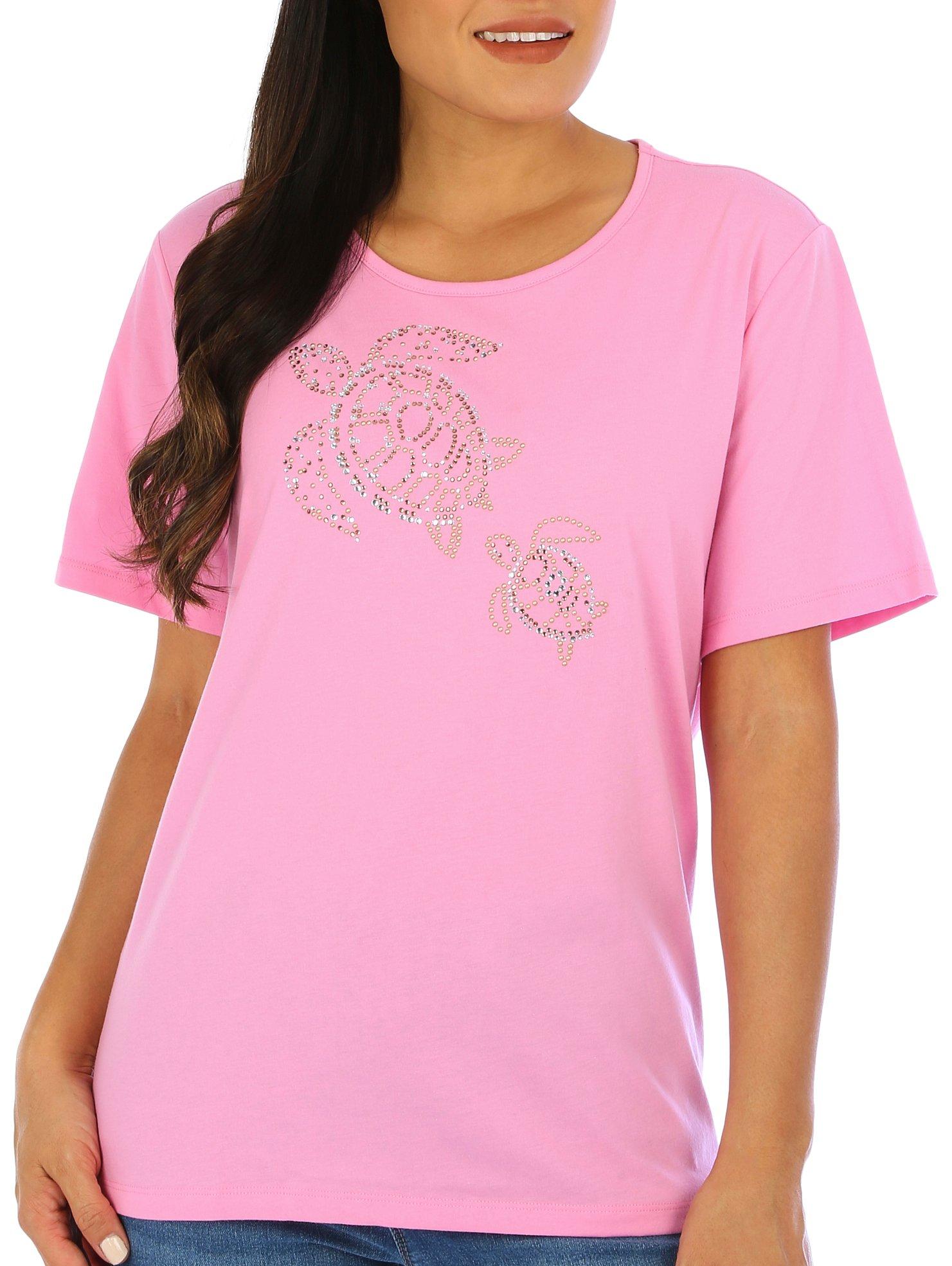 Coral Bay Womens Jeweled Turtles Short Sleeve Top