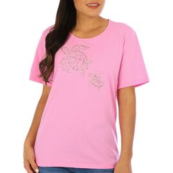 Coral Bay Womens Jeweled Turtles Short Sleeve Top