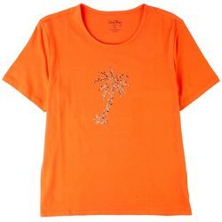 Coral Bay Womens Embellished Palm Tree Short Sleeve Top