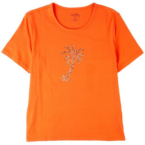 Coral Bay Womens Embellished Palm Tree Short Sleeve