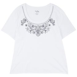 Coral Bay Womens Embroidered Sea Shell  Short Sleeve Top