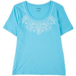 Womens Embroidered Sea Shell  Short Sleeve Top