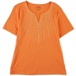 Coral Bay Womens Embroidered Split Neck Short Sleeve Top